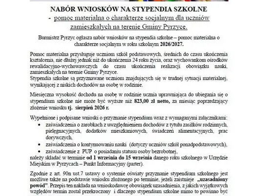 Nabór wniosków o stypendium szkolne w Gminie Pyrzyce na rok 2026/2027