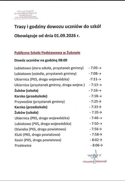 Dowóz uczniów do szkół w gminie – trasy i godziny na rok 2026/2027
