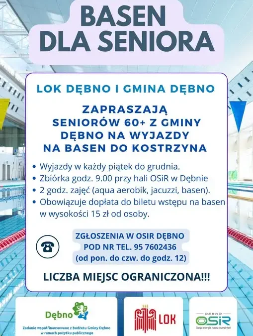 Seniorzy z gminy Dębno wracają na basen – rusza cykl piątkowych wyjazdów do Kostrzyna