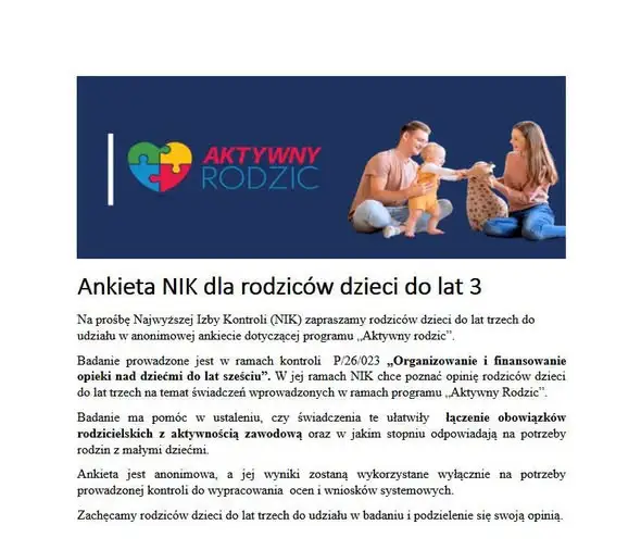 NIK zaprasza rodziców dzieci do lat 3 do anonimowej ankiety o programie „Aktywny rodzic”
