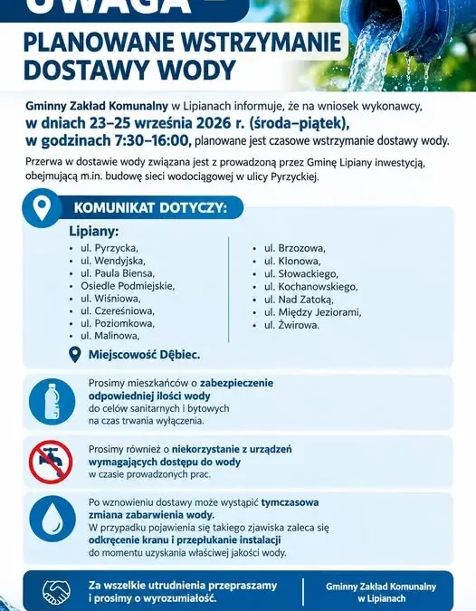 Lipiany: przerwa w dostawie wody na Pyrzyckiej i okolicznych ulicach