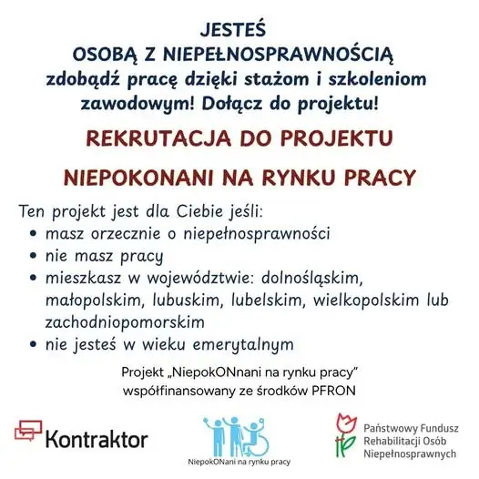Rekrutacja do projektu „NiepokONani na rynku pracy” – szansa na staż i szkolenia dla osób z niepełnosprawnością