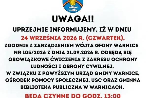 Gmina Warnice: w czwartek 24 września urzędy i biblioteka czynne tylko do 13:00