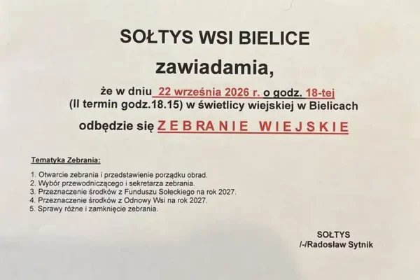 Bielice: zebranie wiejskie o Funduszu Sołeckim i Odnowie Wsi na 2027 rok