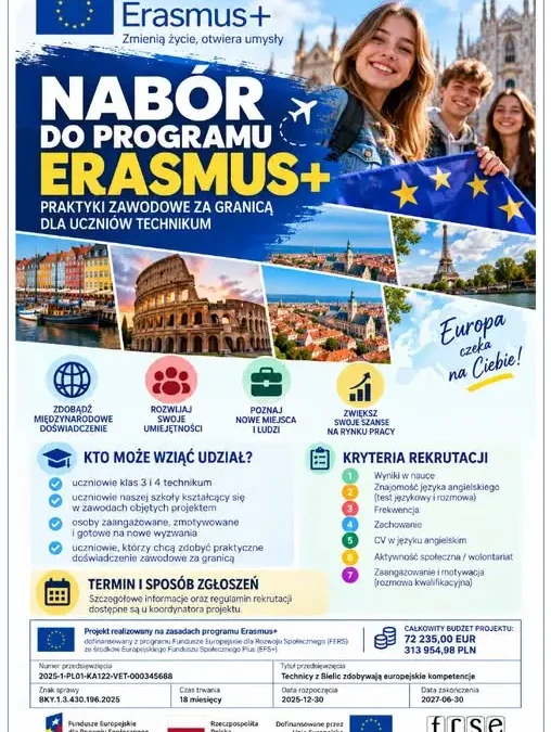 Erasmus+ w Zespole Szkół w Bielicach — spotkanie organizacyjne dla uczniów technikum