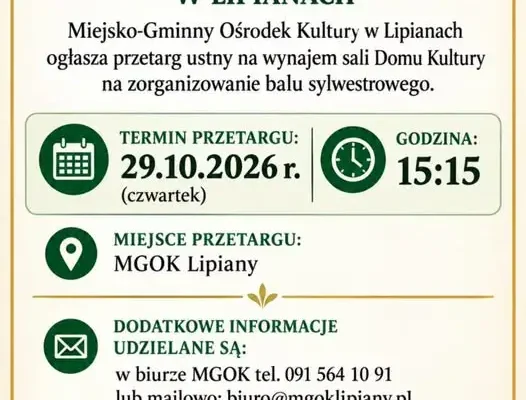 Sylwester 2026/2027 w Lipianach – MGOK ogłasza przetarg na wynajem sali
