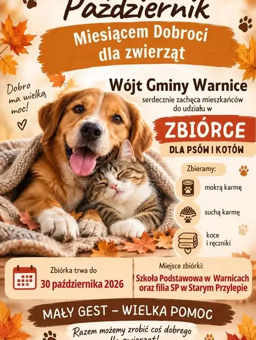 Gmina Warnice organizuje zbiórkę dla zwierząt. Październik miesiącem dobroci